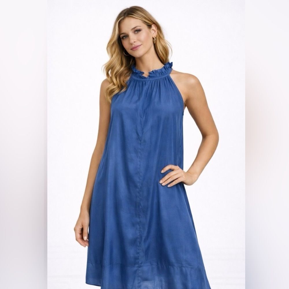 Mersea women’s L/XL Blue‎ Ruffl neck sleeveless summer dress